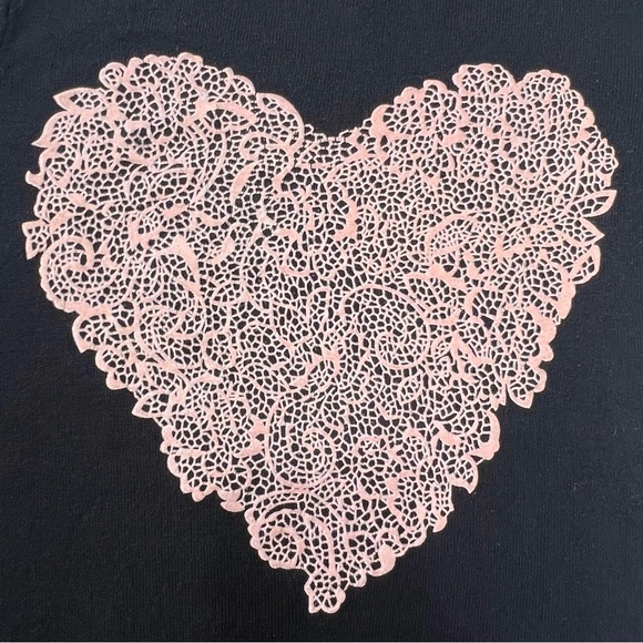 ELLE Sweater Fitted Flocked Lace Heart Black Pink Valentines Pullover Small S - Picture 4 of 11